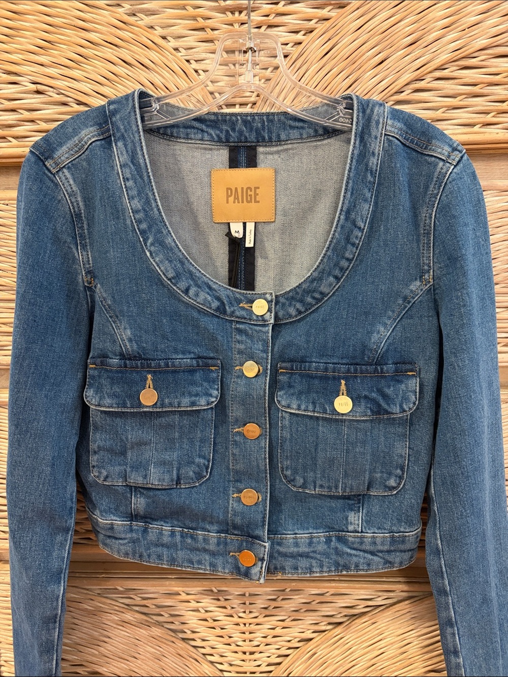 PAIGE Medium Blue Denim Cropped Jacket with Gold Buttons